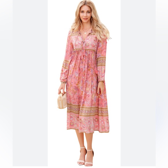 Dresses & Skirts - Floral Maxi Dress Paisley Flowers & Butterfly’s Boho Long Sleeve Fairy